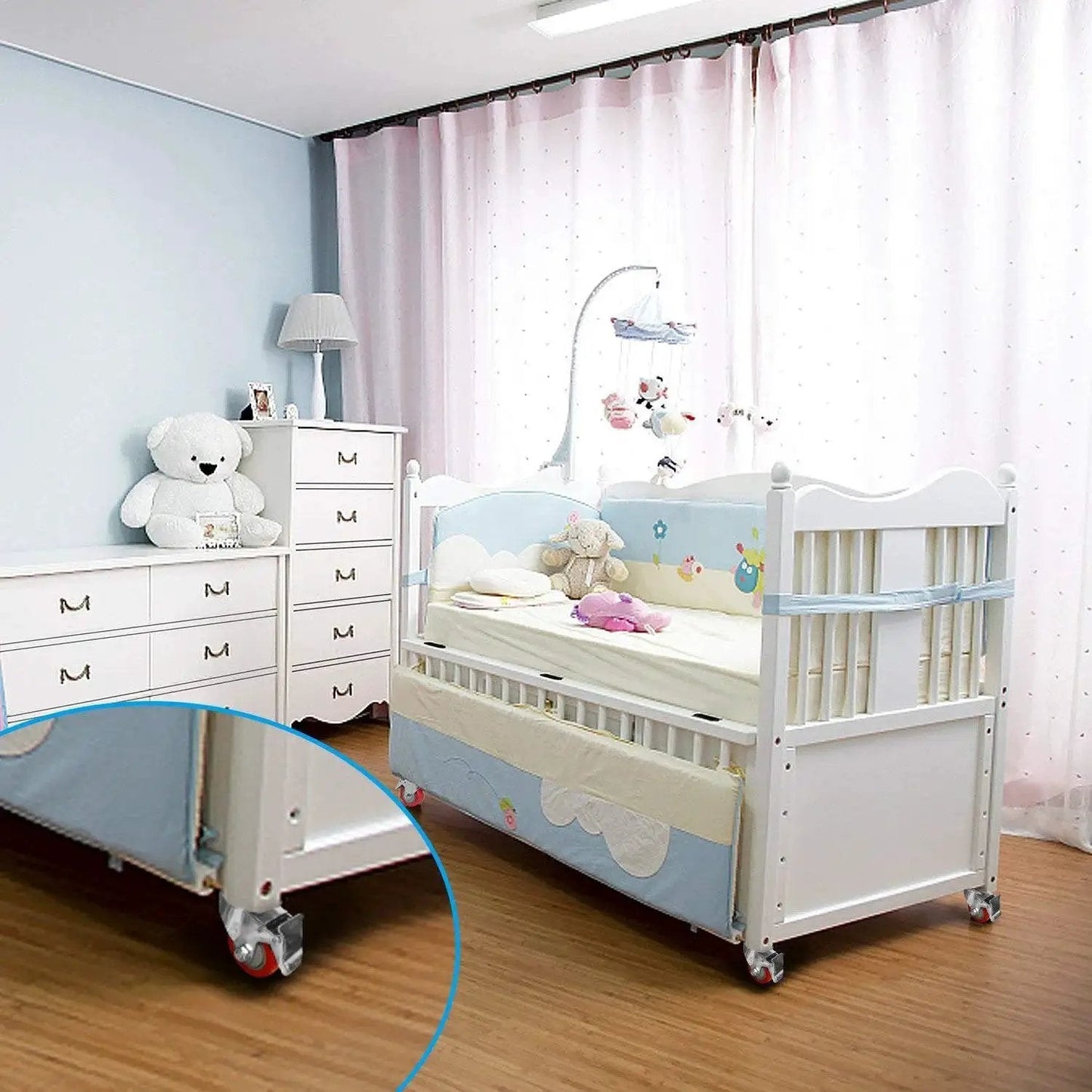 Crib in a nursery equipped with 5 inch plate caster wheels set of 4 with safety dual lock brakes, showing heavy duty swivel casters.