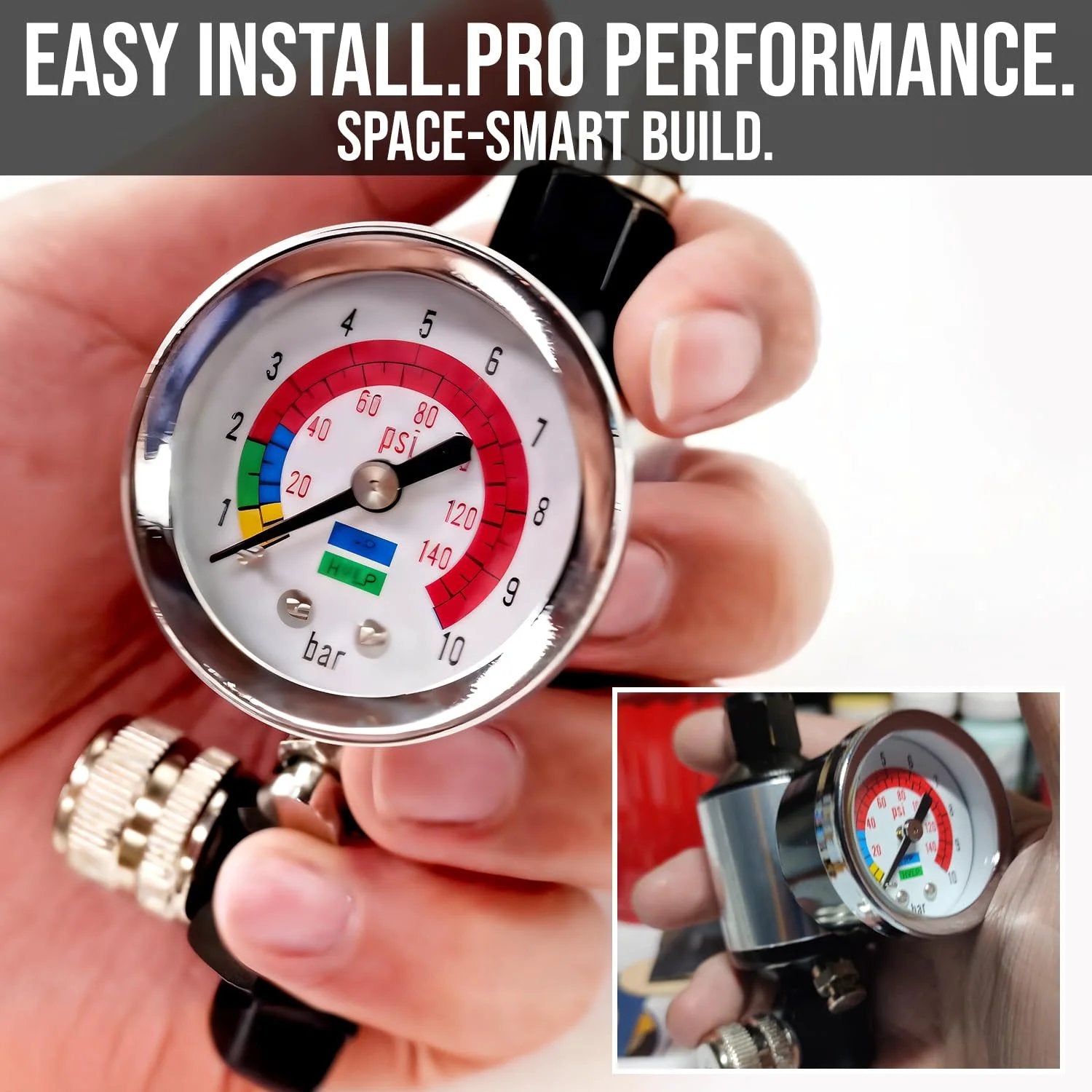 Close-up of Pro Grade Spray Gun Regulator With Gauge And Water Separator for Paint Guns, showing gauge reading PSI levels.