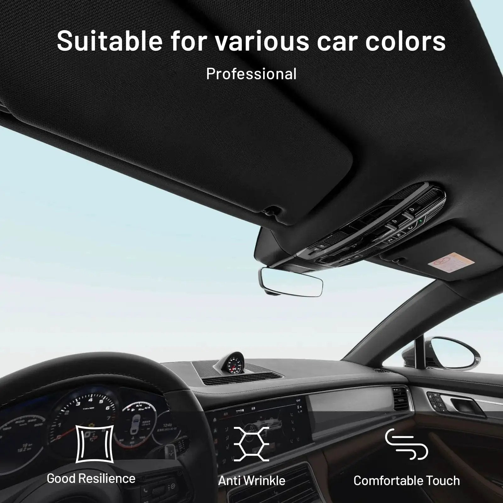 97 Inch Black Headliner Fabric With Foam Backing Mesh Type Tube Packaging installed in car interior