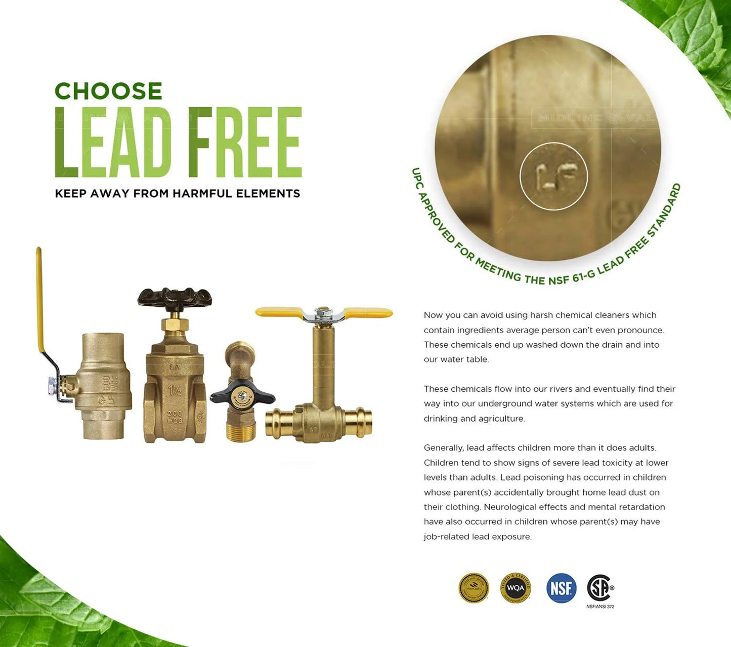 Inline Spring Loaded Check Valve For Backflow Prevention In Lead Free Cast Brass With Three Quarter Inch Press Connections, NSF ANSI 61 And 372 Certified, CSA Approved, 200 PSI CWP displayed with other lead-free brass valves.