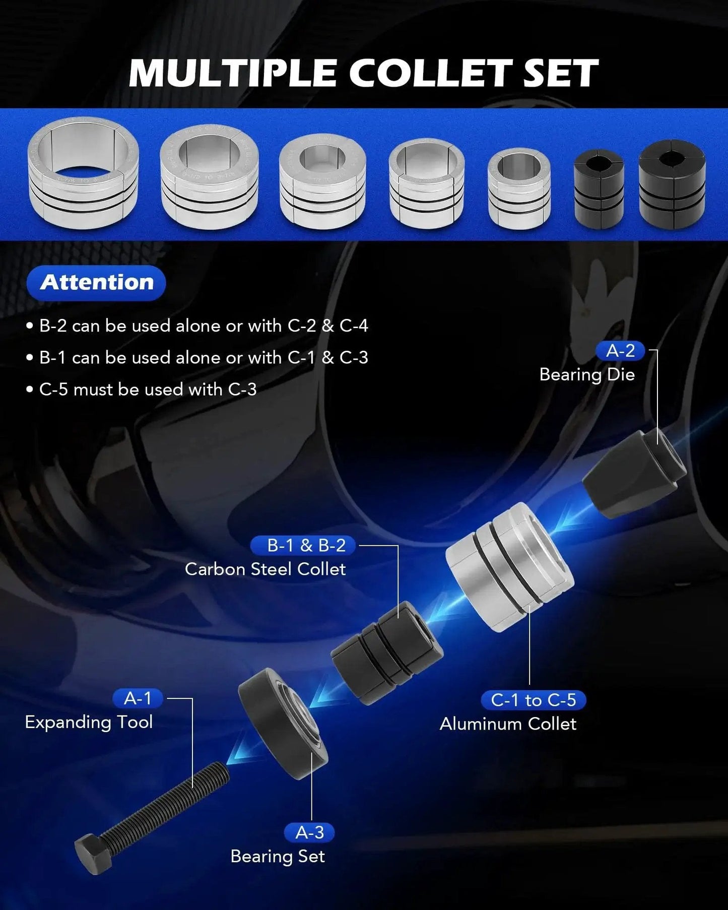 Diagram of collet set for Exhaust Pipe Expander Kit 1 5 Eighth To 4 1 Quarter Inch Hex 28 Mm Storage Case, showing steel and aluminum collets.