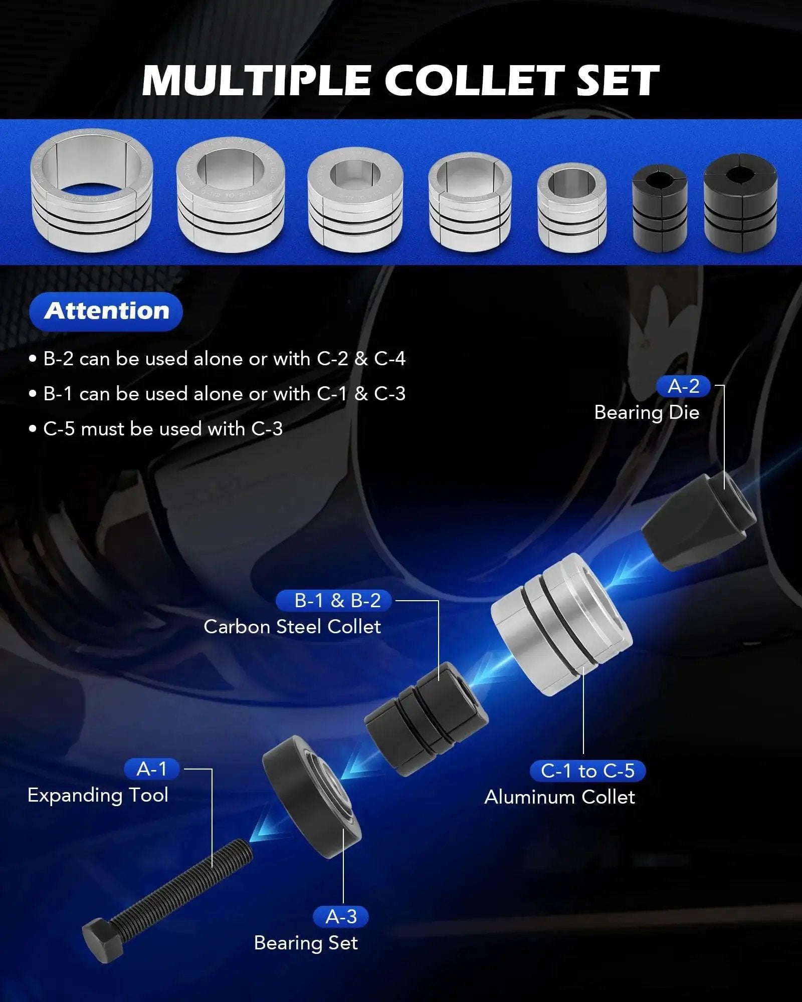 Diagram of collet set for Exhaust Pipe Expander Kit 1 5 Eighth To 4 1 Quarter Inch Hex 28 Mm Storage Case, showing steel and aluminum collets.