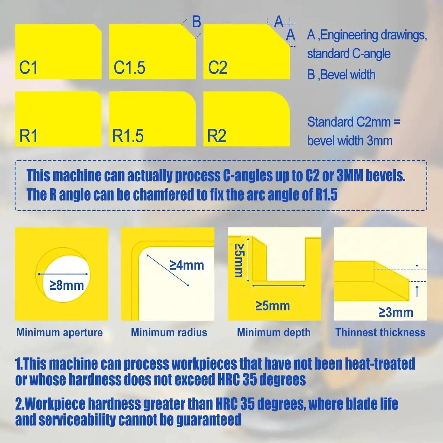 Diagram showing yellow beveled edge diagrams and specifications for pneumatic chamfering tool capabilities and material guidelines.