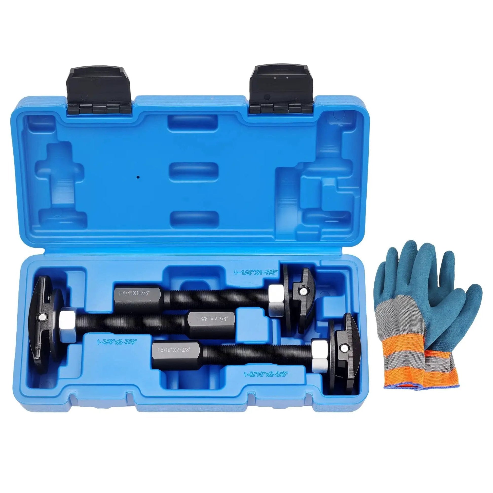 Rear Axle Bearing Puller Tool Set, 3-Piece Bearing Extractor Kit with slide hammer in a blue case, gloves beside it