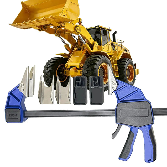 18 Inch Quick Coupler Hand Clamp Carbon Steel With Four Duo Jaw Sets Two By One Half Inch And Three Quarter Inch Two By Seven Eighths Inch And Three Eighths Inch Jaws For Hydraulic Pipe Clamps Quick Mate Coupler Tool For Excavators Tractors And Cranes in front of a yellow excavator.