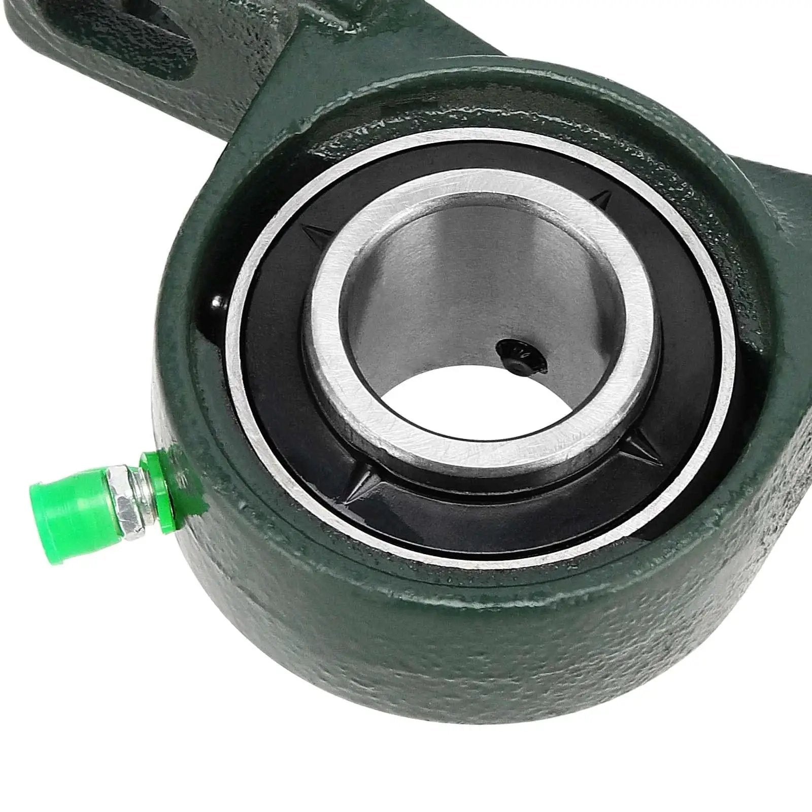 Close-up of a Six Piece UCP205 16 1 Inch Pillow Block Bearing Set Heavy Duty Mounted Ball Bearing with solid cast iron base.