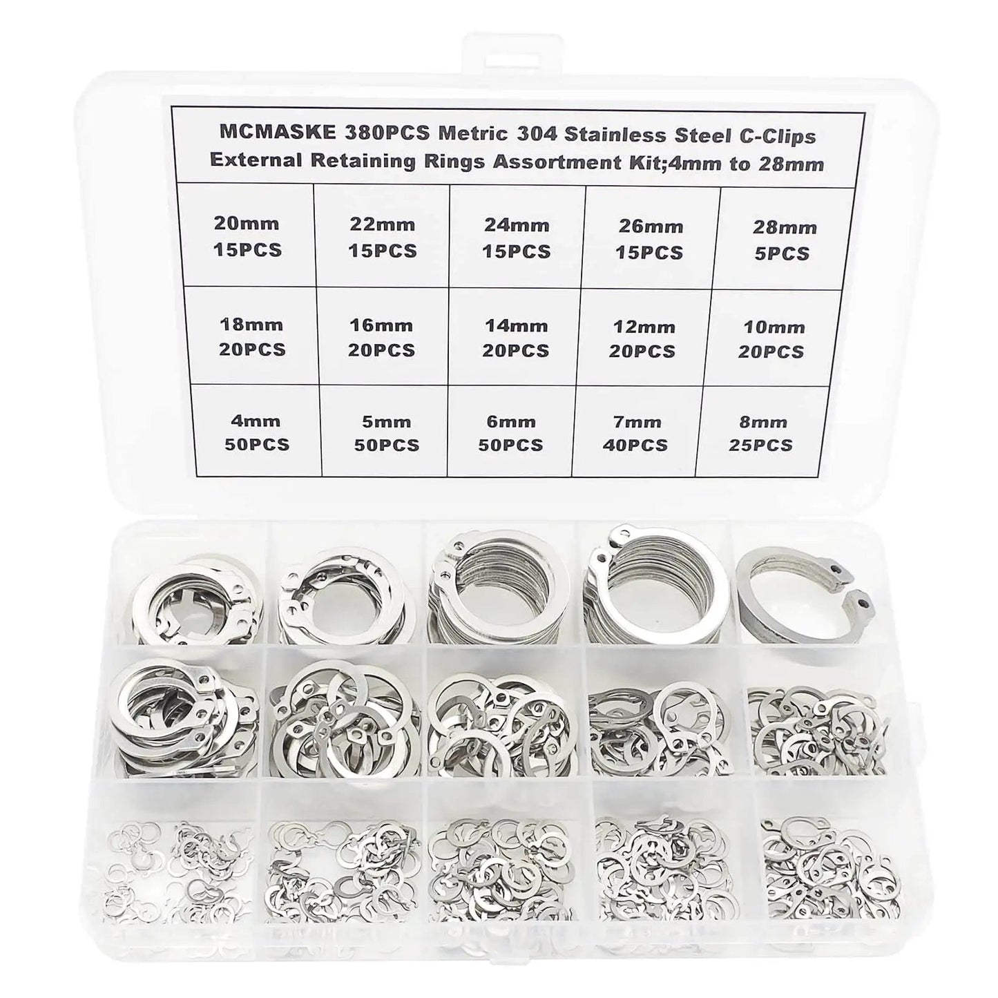External Retaining Ring Set 380 Piece Assortment 15 Sizes From 4mm To 28mm In 304 Stainless Steel Circlips in open box