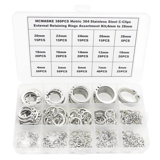 External Retaining Ring Set 380 Piece Assortment 15 Sizes From 4mm To 28mm In 304 Stainless Steel Circlips in open box
