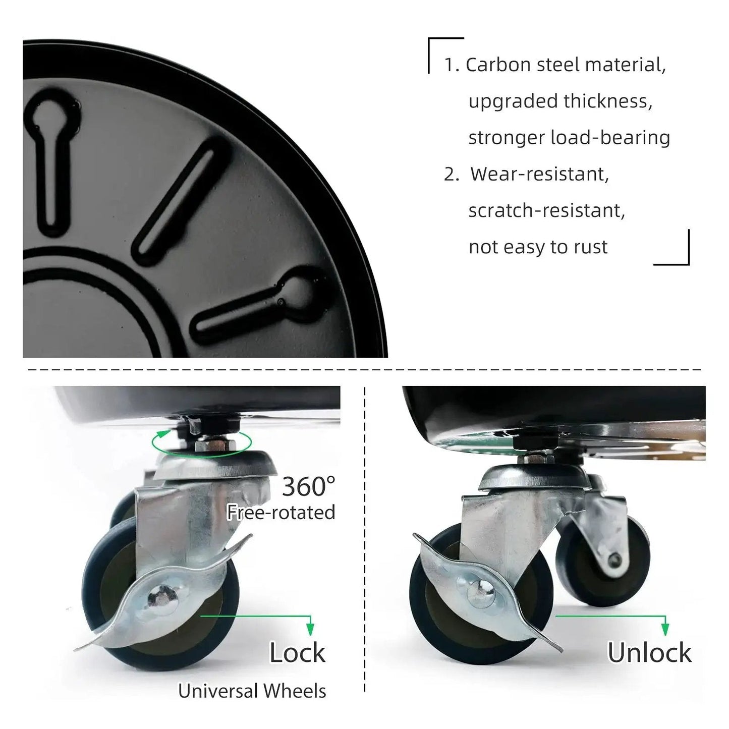 Close-up of Heavy Duty Plant Caddy with Universal Wheels 3 Pack, showcasing carbon steel wheels, lock mechanism, and non-slip tray.