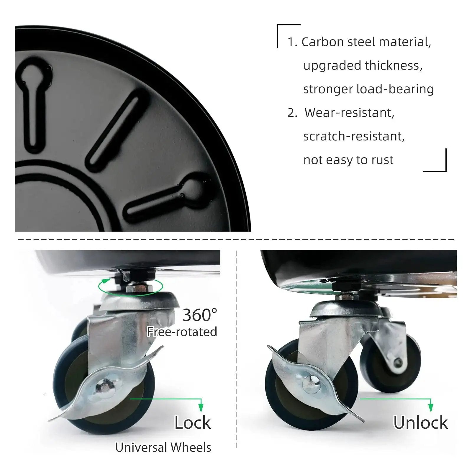 Close-up of Heavy Duty Plant Caddy with Universal Wheels 3 Pack, showcasing carbon steel wheels, lock mechanism, and non-slip tray.