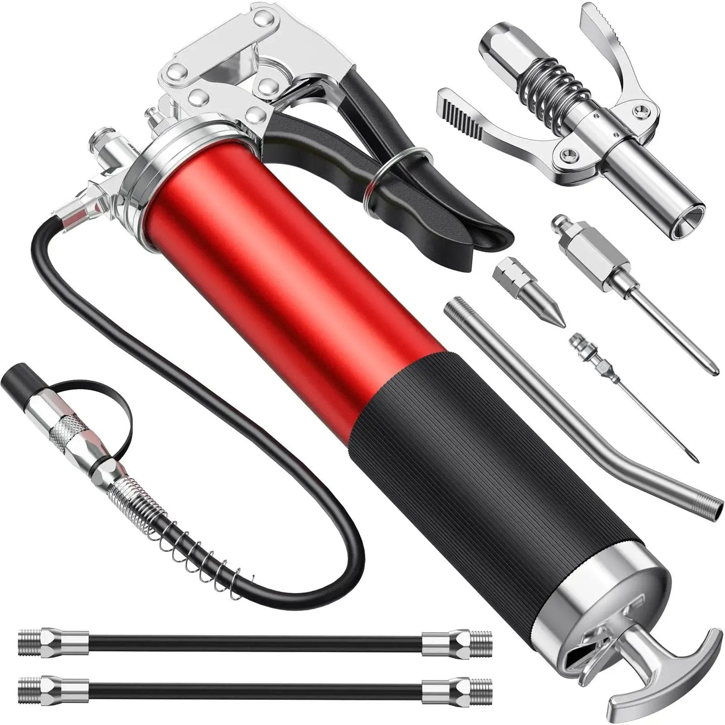 Heavy Duty 8000 PSI Pistol Grip Grease Gun Kit With Quick Locking Coupler Spring Flex Hose 14 Ounce Load Two Standard Hoses