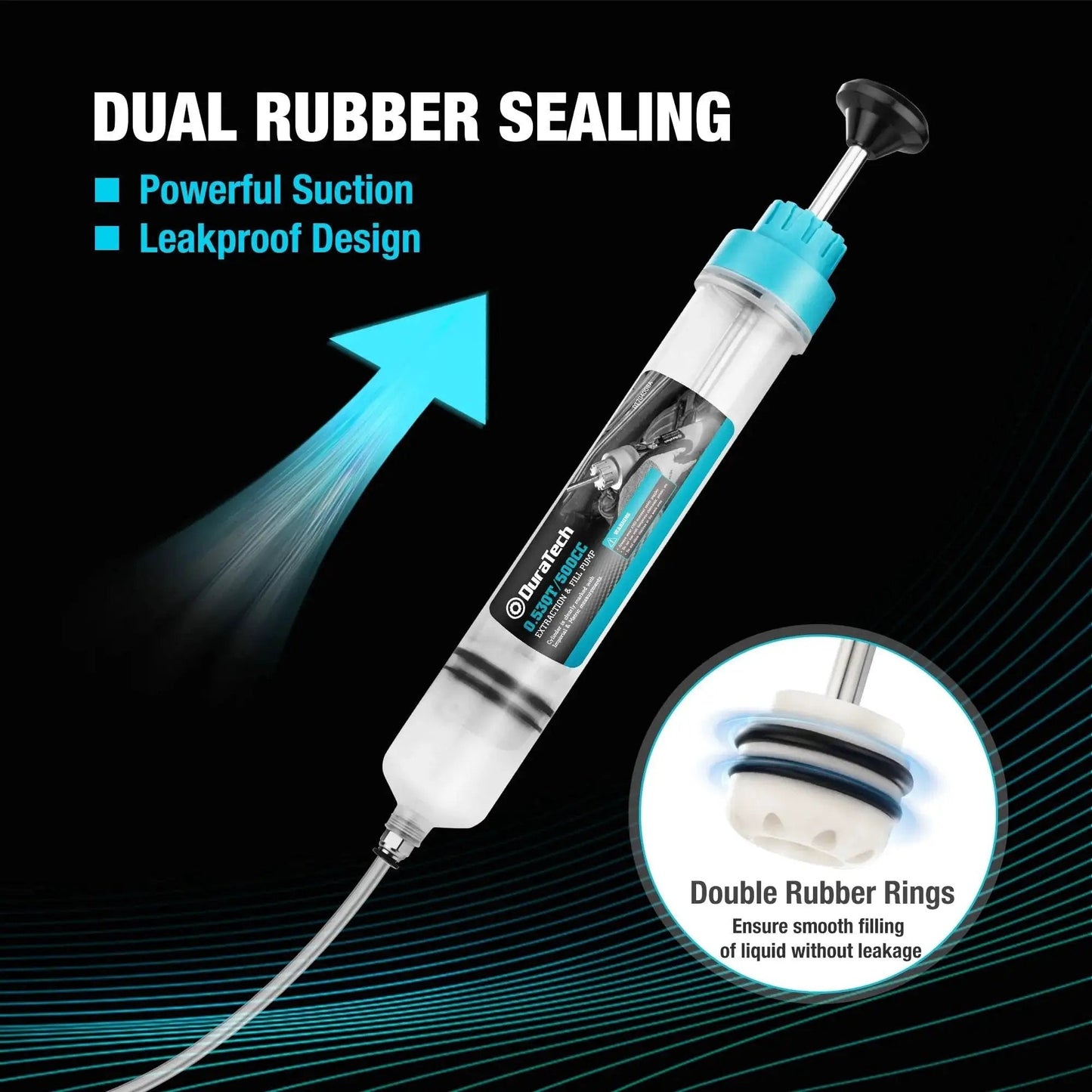 Close-up of 500cc Fluid Extractor with Long Hose and Extension Tubes for Brake Fluid and Oil, highlighting double rubber sealing.
