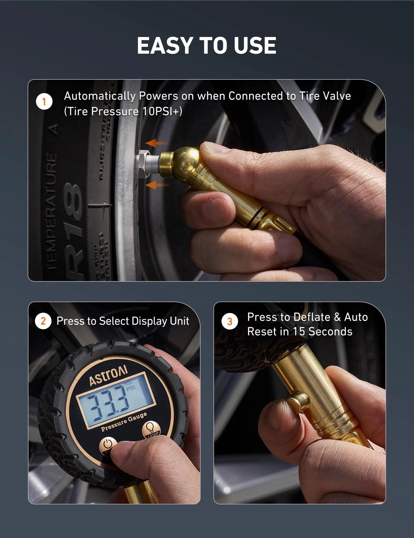 Car Tire Pressure Gauge With Backlit LED, Solid Brass Construction And Rubber Hose, Air Bleeder Valve, ANSI B40.7 Grade 2A Pro Accuracy