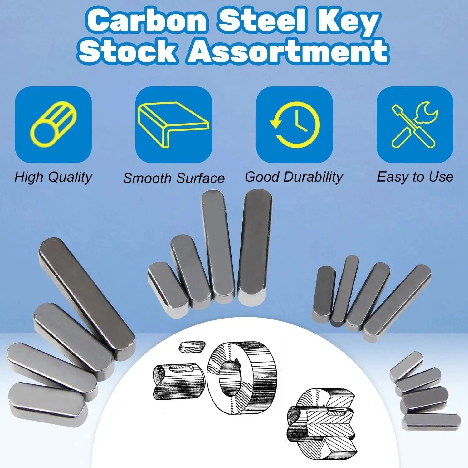 Round Ended Feather Key Set, 150 Pcs, 16 Sizes, Parallel Drive Shaft Keys, Carbon Steel Key Stock Assortment For Golf Carts