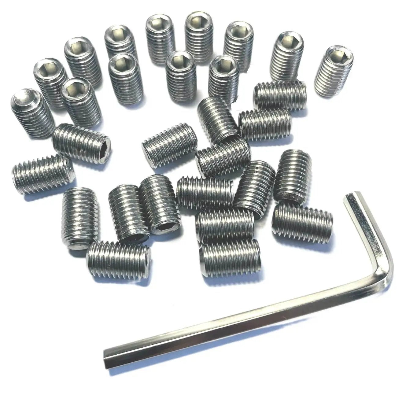 Durable 304 Stainless Steel Set Screws 30 Piece Pack Five Sixteenth Thread Twenty Four Per Inch Hex Socket Grub Screws With Allen Wrench For Machinery And Heavy Duty Hardware ZDingTech displayed with hex wrench for heavy-duty hardware use.