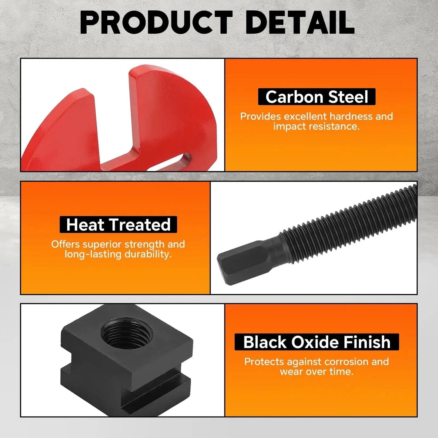 Wheel Hub Removal Tool Set product details showing carbon steel, heat-treated durability, black oxide finish for 5, 6, 8 lug hubs.