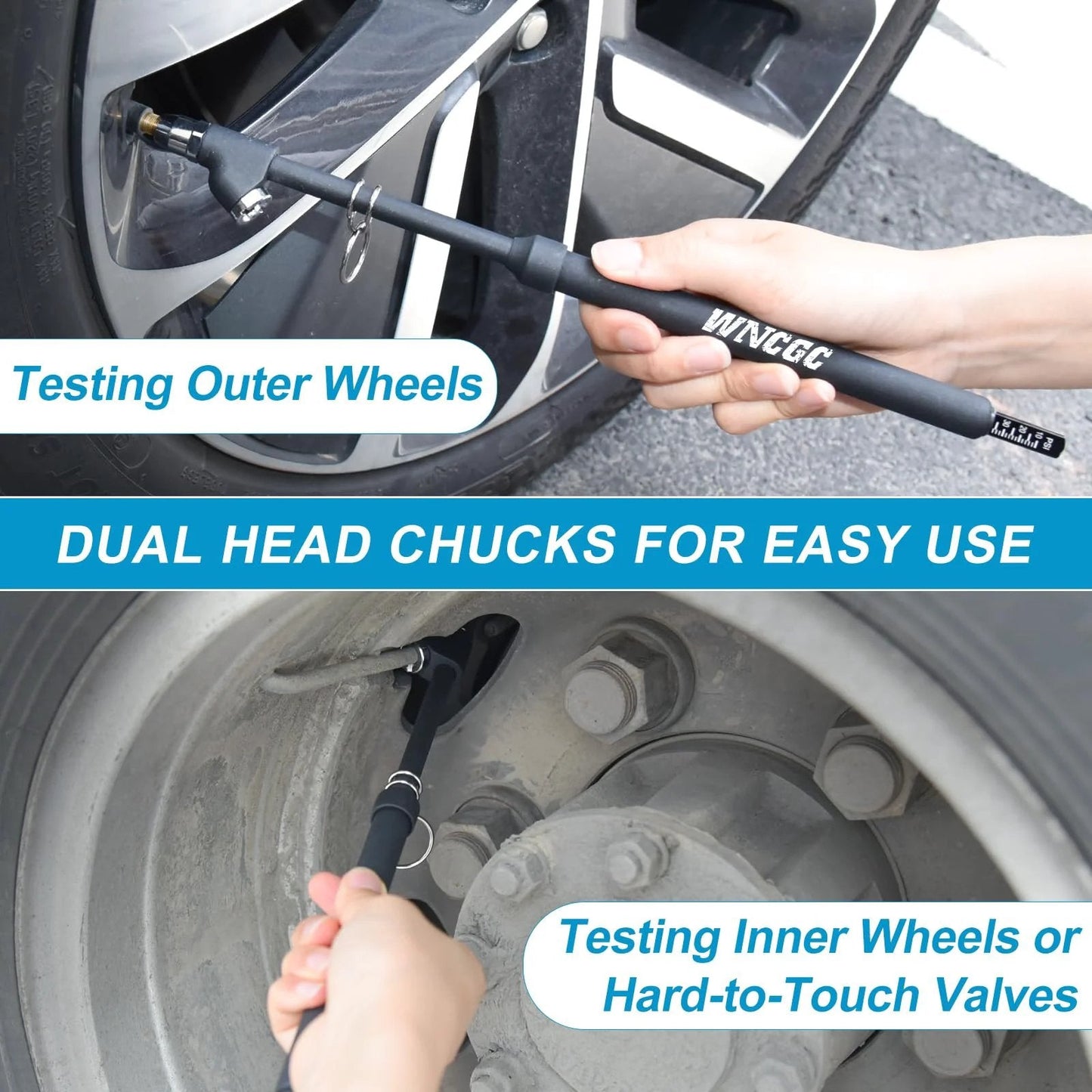 Heavy Duty Dual Head Tire Pressure Gauge With Two Sided Aluminum Scale Plate For Inner And Outer Wheels 11.8 Inch Reach Accurate Readouts From 10 To 150 PSI Durable Truck Tire Gauge