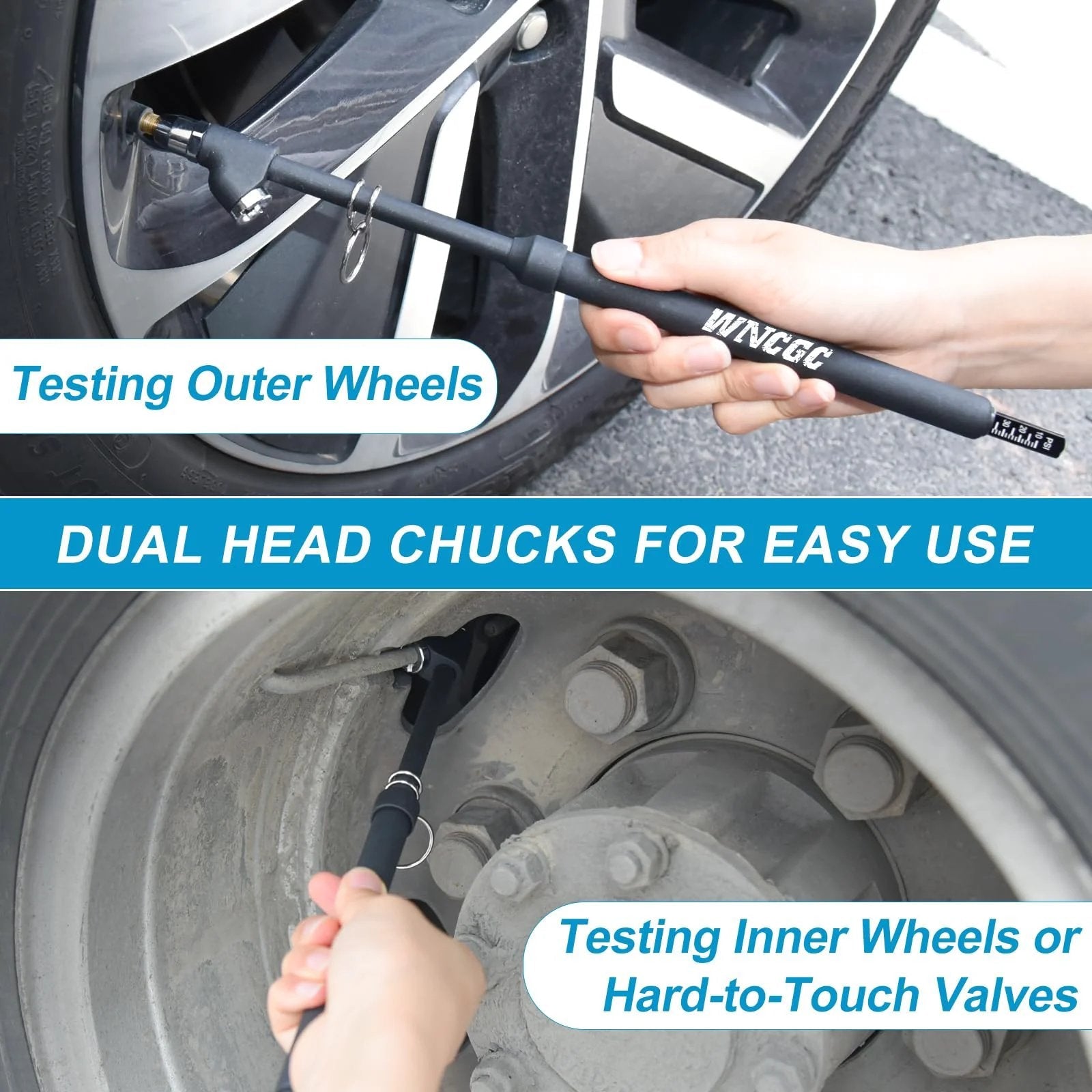 Heavy Duty Dual Head Tire Pressure Gauge With Two Sided Aluminum Scale Plate For Inner And Outer Wheels 11.8 Inch Reach Accurate Readouts From 10 To 150 PSI Durable Truck Tire Gauge