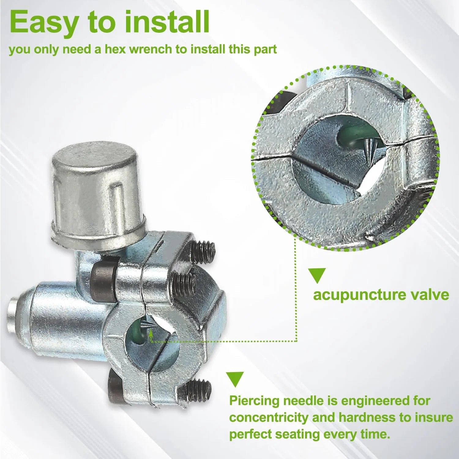 Piercing Valve Kit For Refrigerator Tap BPV-31 fits 1/4, 5/16, and 3/8 inch, zinc alloy, corrosion-resistant, close-up view.