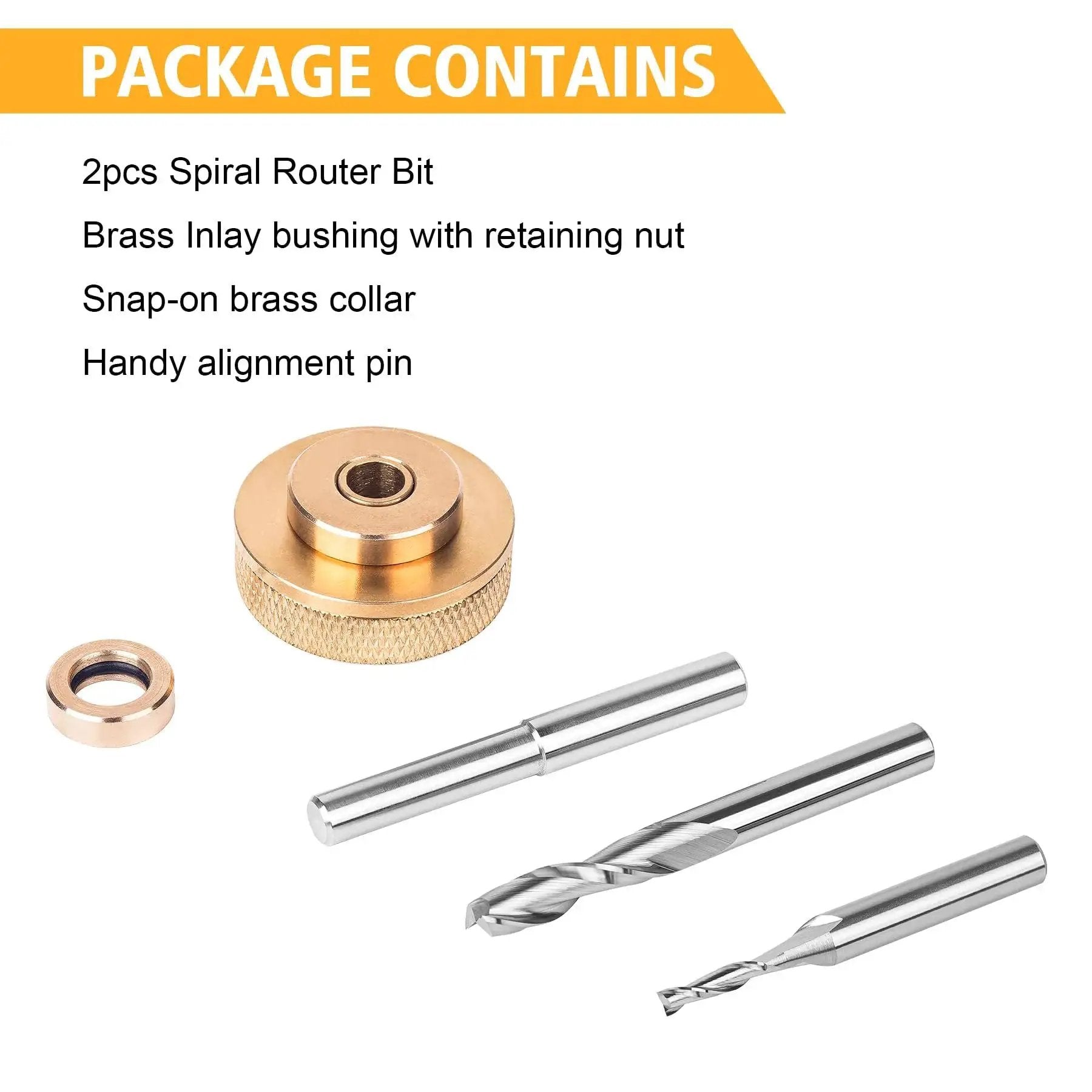 Router Inlay Kit with solid brass bushings, carbide spiral upcut bits, retaining nut, snap-on brass collars, alignment pin for woodworking.