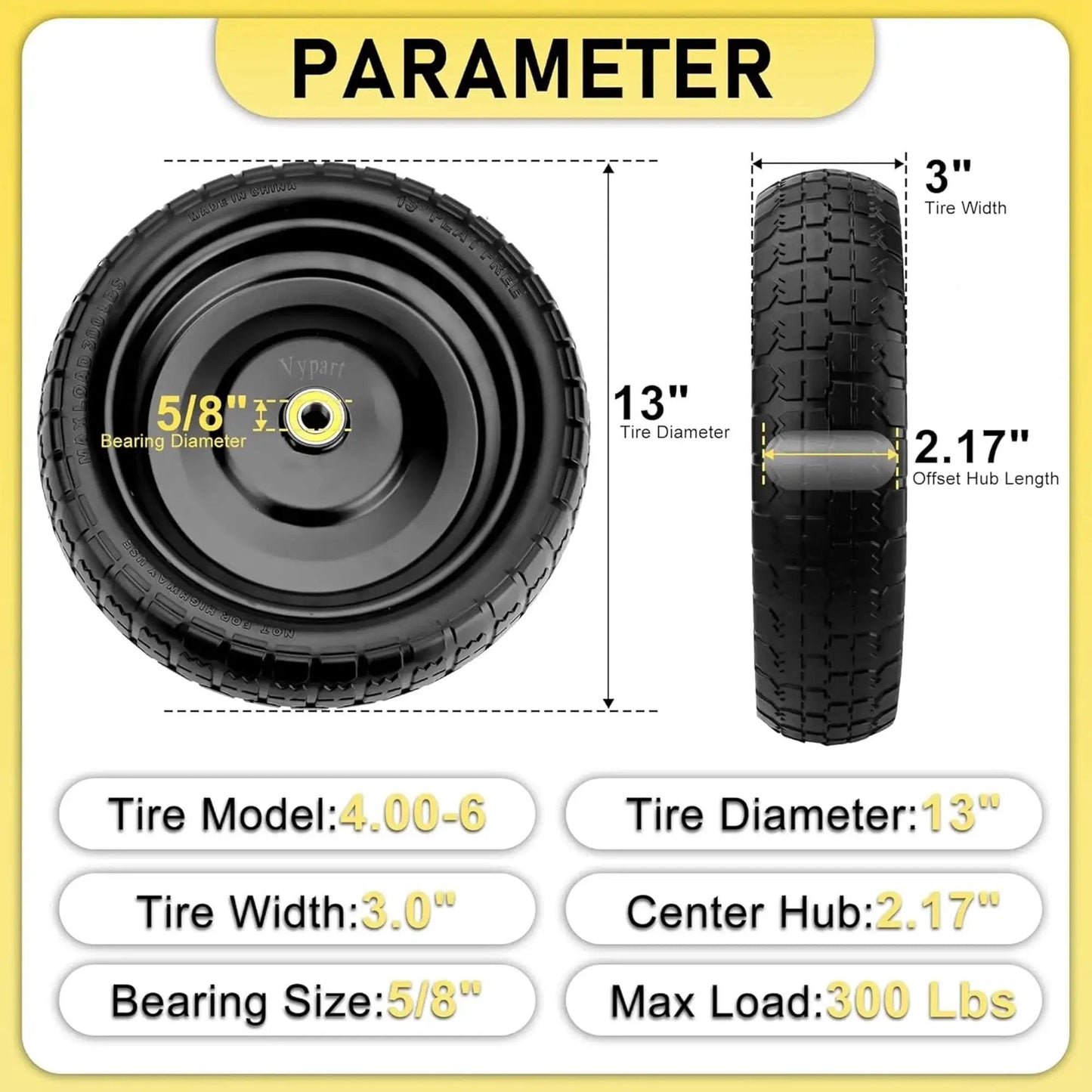 13 Inch Flat Free Wheel Set With 5/8 Inch Bearings And 2.17 Inch Offset Hub For Garden Carts Hand Trucks And Yard Trailers 4.00-6 Solid Tires