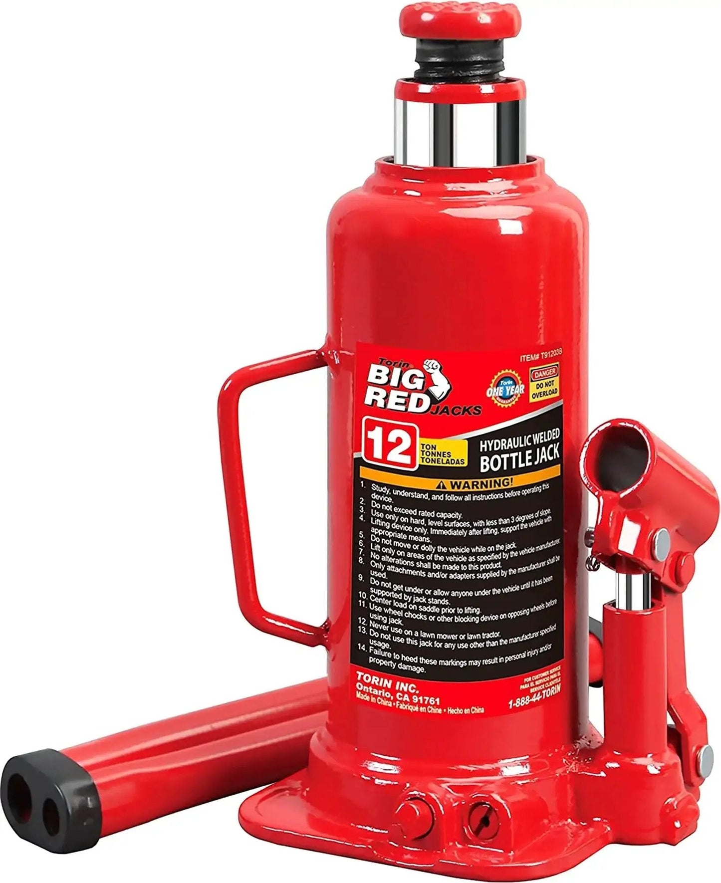 12 Ton Hydraulic Bottle Jack With 9 To 18 Inch Lift And Secure Welded Saddle, red steel jack with handle attachment