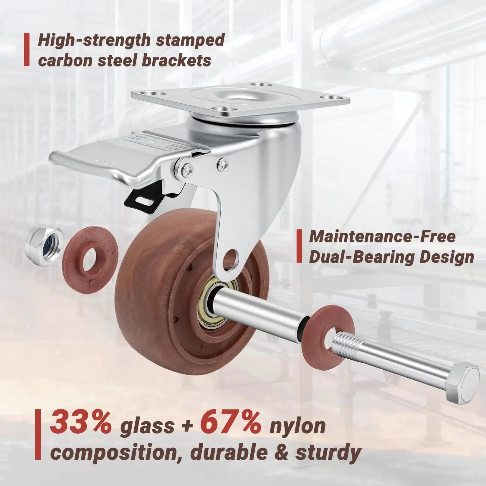 3 Inch Heavy Duty Casters Wheels Set Of Four With Brakes 1400 Pounds Capacity Glass Filled Nylon Heat Resistant To 475 Fahrenheit Industrial Castors For Workbench High Temperature Casters For Heavy Equipment And Mobility, showing a front view of caster with brake, dual-bearing design, and glass-filled nylon composition