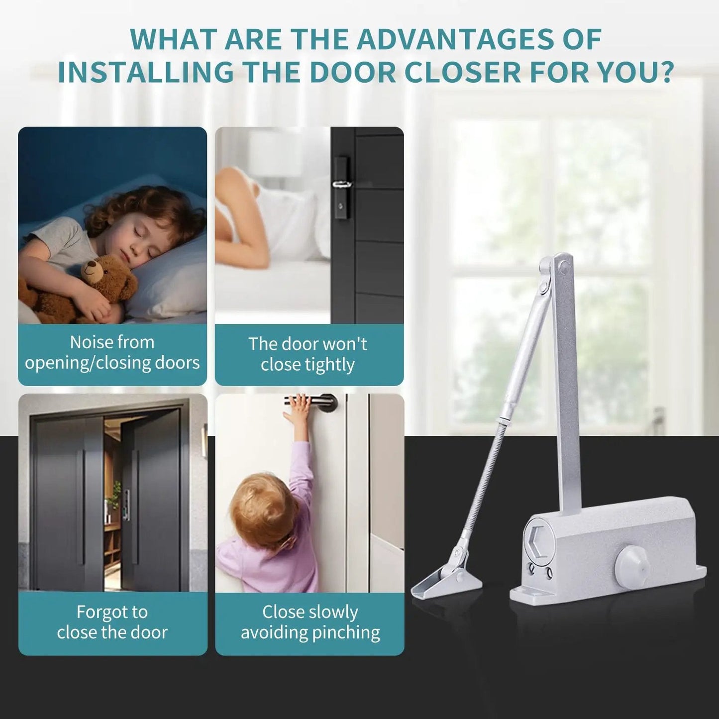 Medium Duty Hydraulic Door Closer For Commercial And Residential Use With Whisper Quiet Soft Close Technology shown with use cases