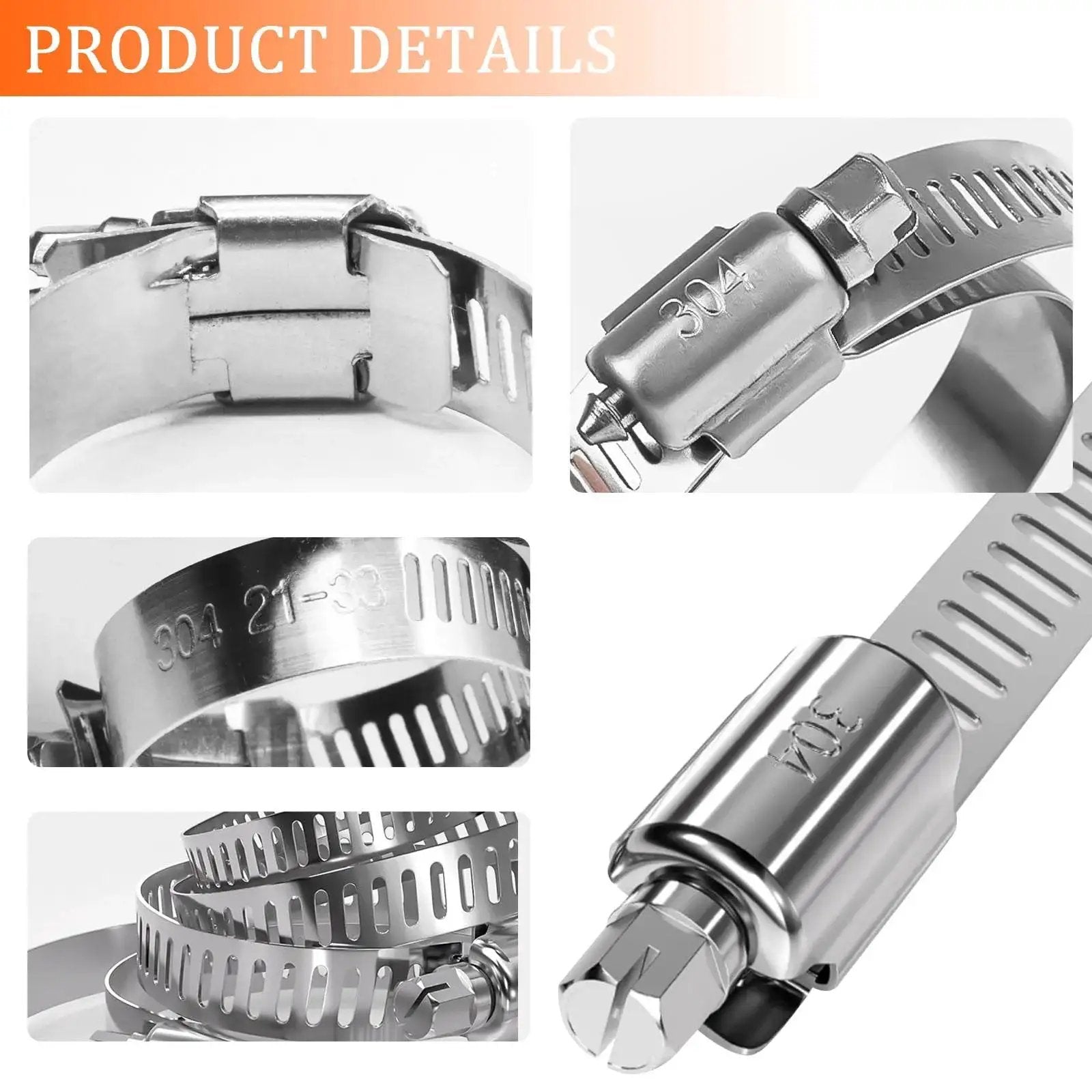 Close-up of Heavy Duty 202 Piece Stainless Steel Hose Clamp Kit 304 Stainless Worm Gear Clamps from Quarter Inch to Two Inch