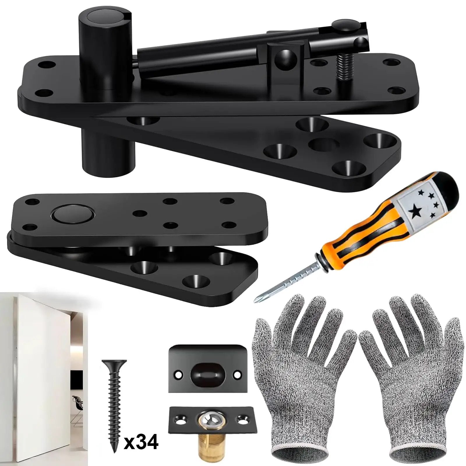 Hidden Door Hinge Pivot Kit For Secret Doors And Bookcases Heavy Duty 570 Lbs Load Bearing 360 Degree Rotation Invisible Hinge Hardware Durable Concealed Door Kit For Secret Entrances kit with screwdriver, gloves, and screws.
