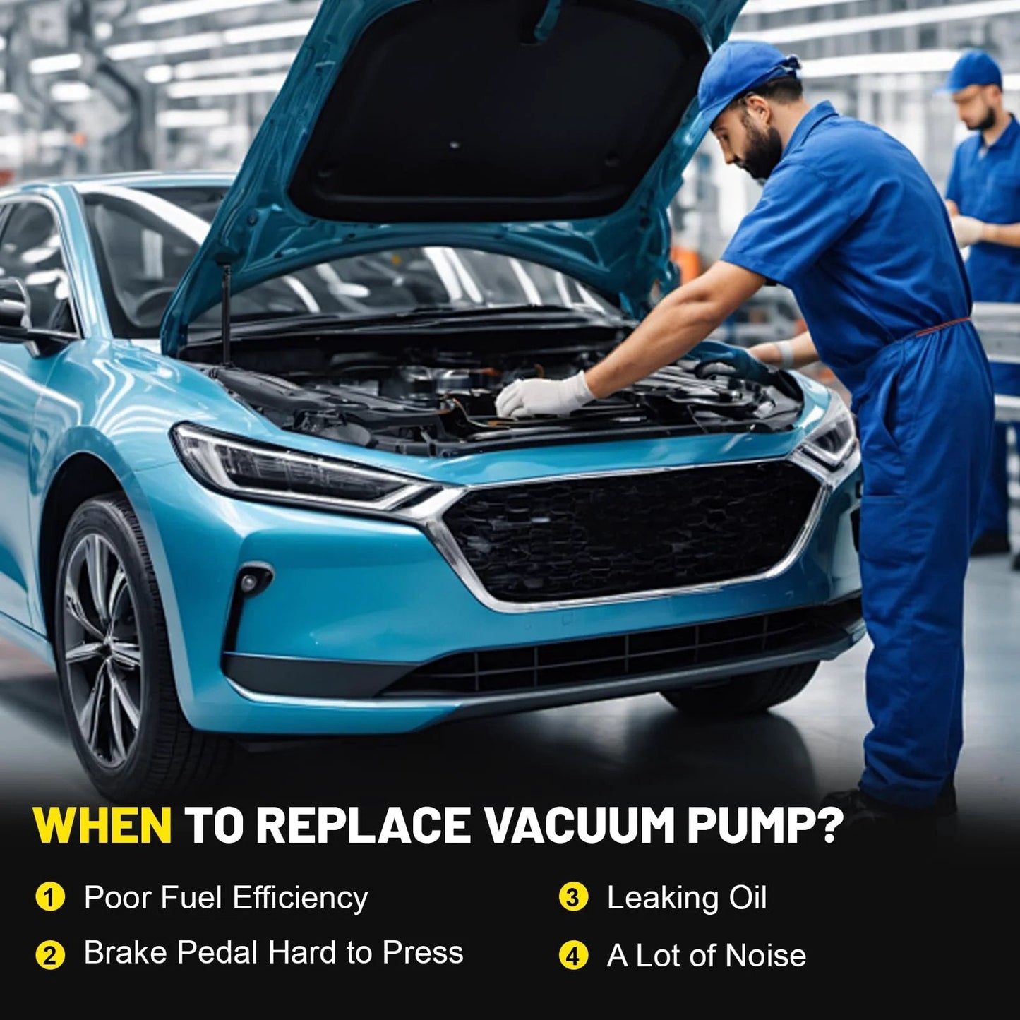 Mechanic examining car with open hood, detailing when to replace brake vacuum pump for 2014-2020 Cadillac Escalade Suburban Silverado