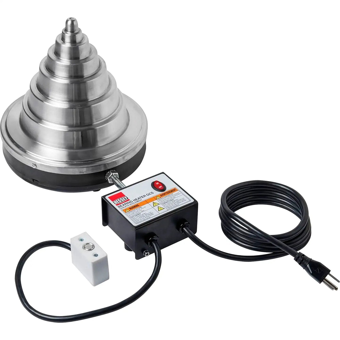 Cone Style Bearing Heater for Three Eighths to Eight and One Quarter Inch Bearings by BESSEY, showing control box and cables.