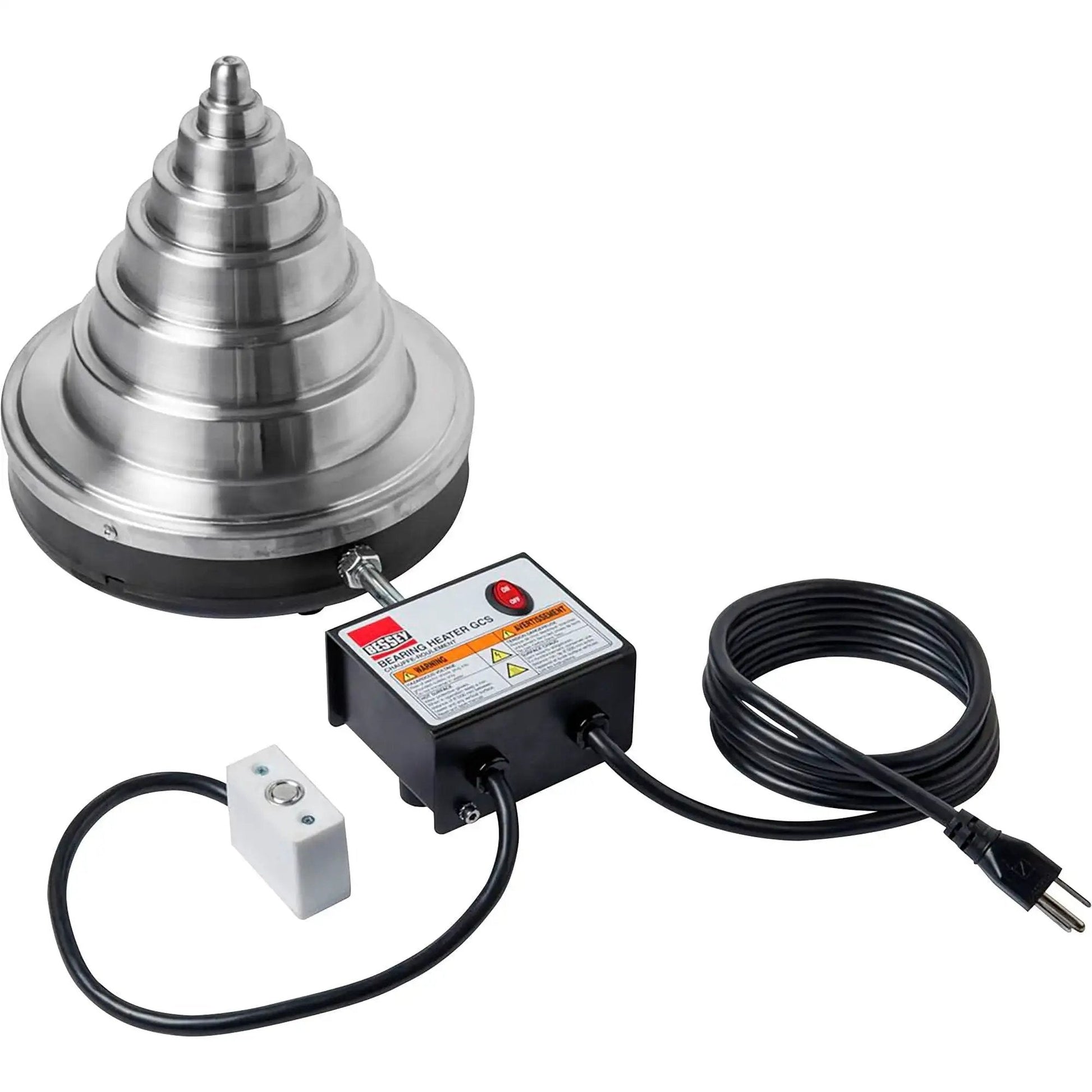 Cone Style Bearing Heater for Three Eighths to Eight and One Quarter Inch Bearings by BESSEY, showing control box and cables.
