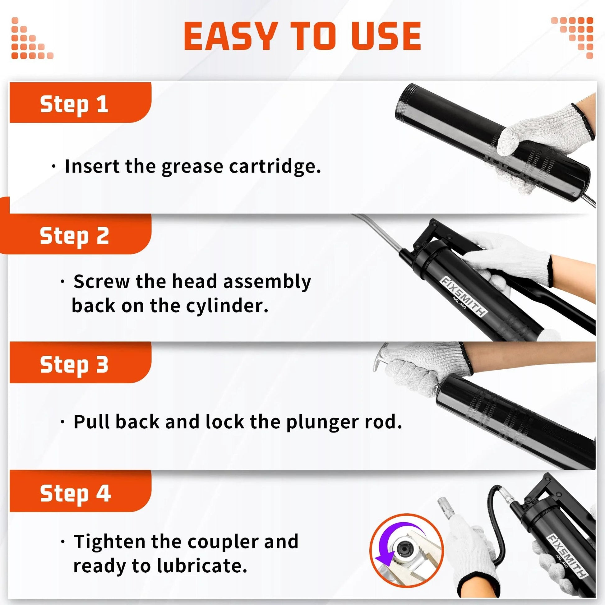 Steps to use Pro Grade Lever Action Grease Gun For Pros, Heavy Duty Construction, 6000 PSI, with instructions and images.