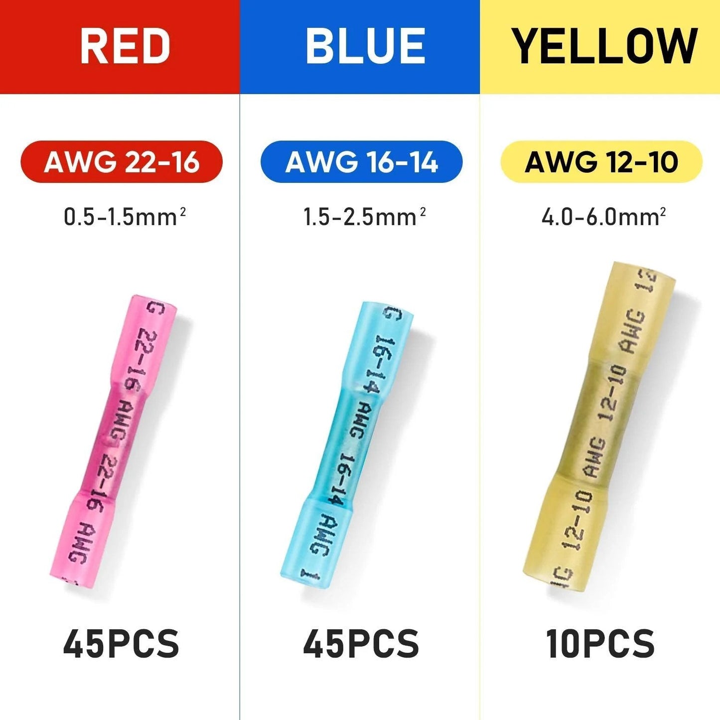 Heavy Duty Heat Shrink Butt Wire Connector Kit For Marine And Automotive Wiring, insulated waterproof crimp terminals, red blue yellow.