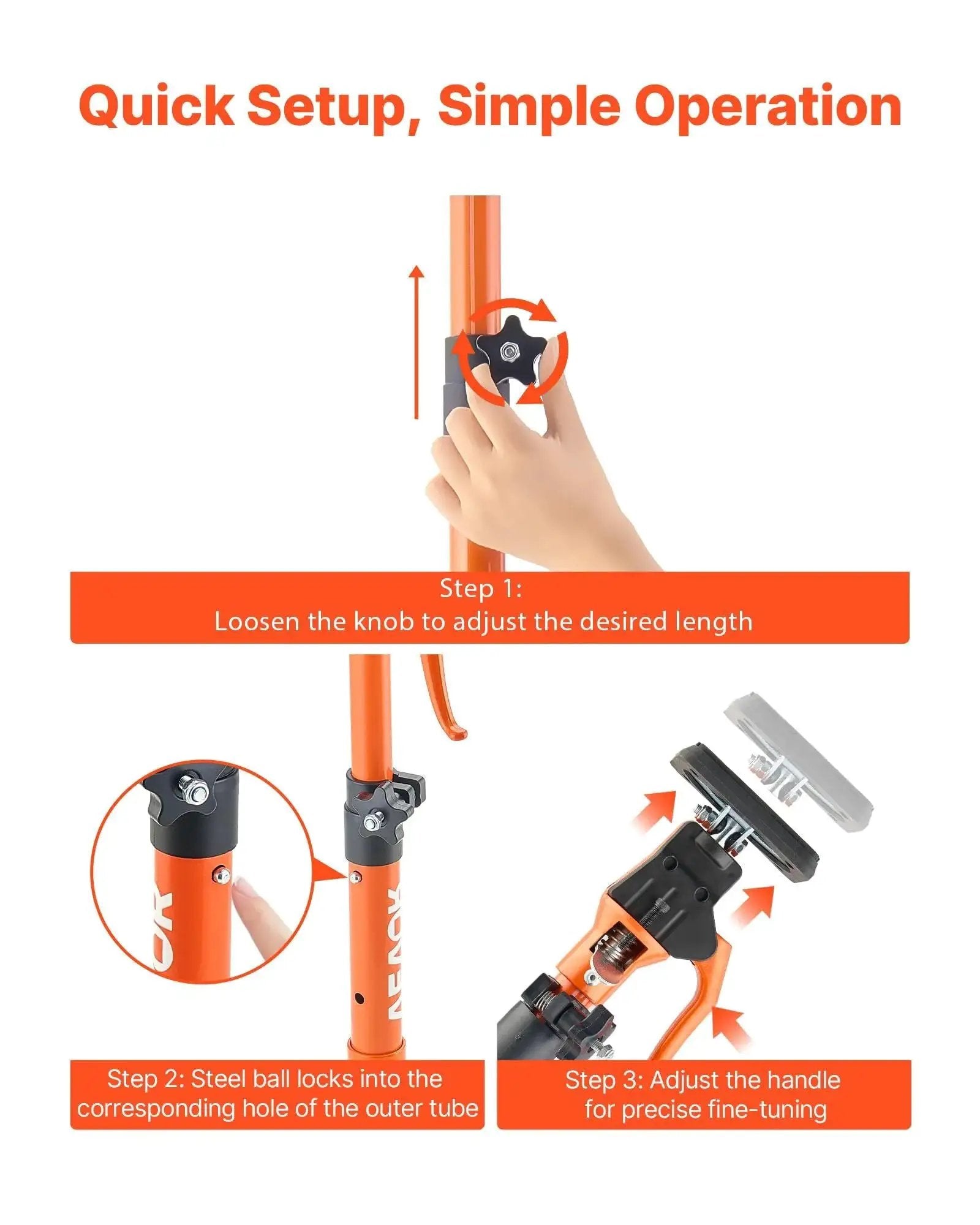 Illustration showing steps to adjust Telescoping Cabinet Jack Support Pole 2-Pack, 15.75-23.6 Inches 220 Lb Capacity