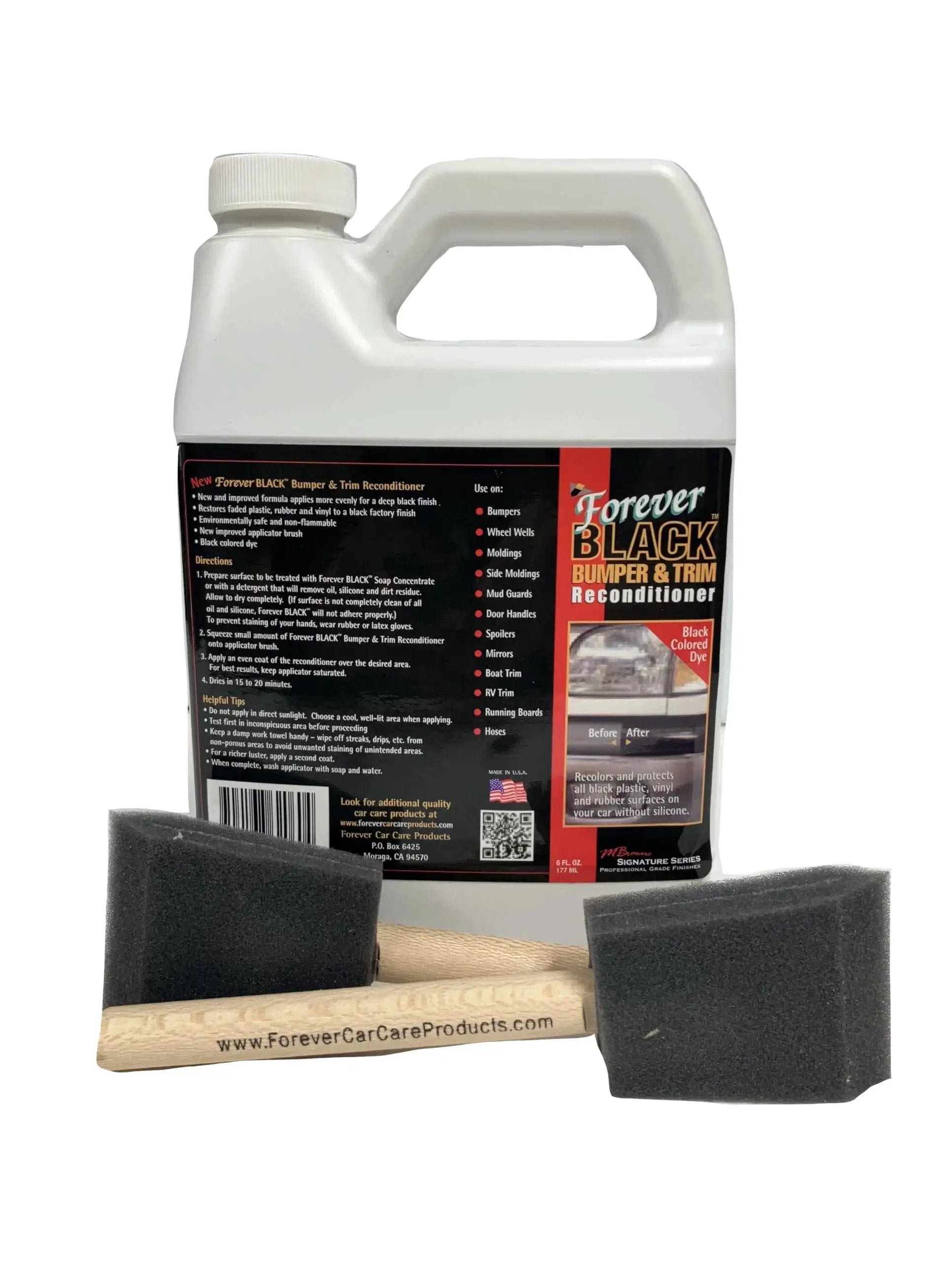Back view of Forever Black Bumper And Trim Conditioner For Porous Black Plastic Vinyl And Rubber 32oz bottle with applicator sponges
