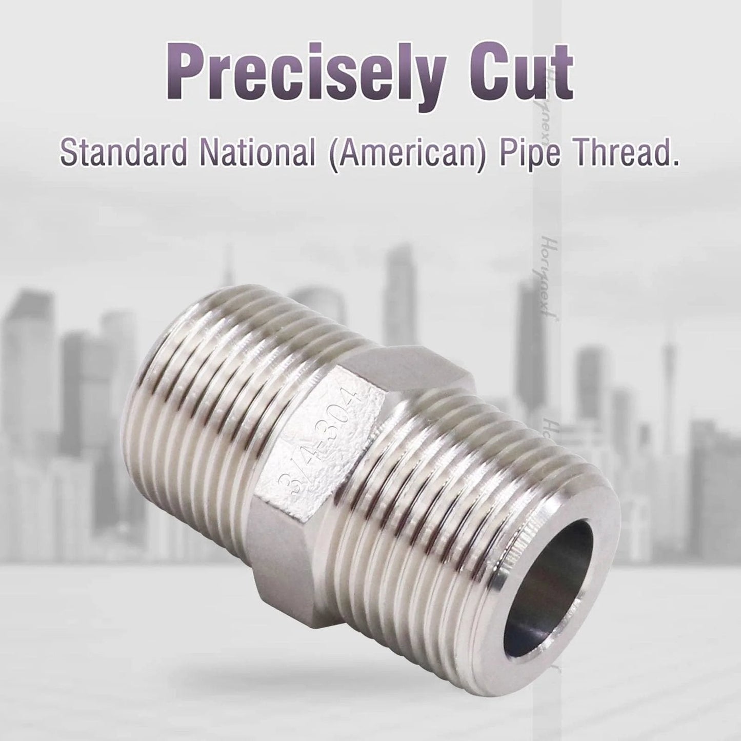 Stainless Steel 304 NPT Three Quarter Inch Hex Pipe Fitting, Heavy Duty 3000 PSI, One Inch Outer Diameter Male Thread Cast Adapter