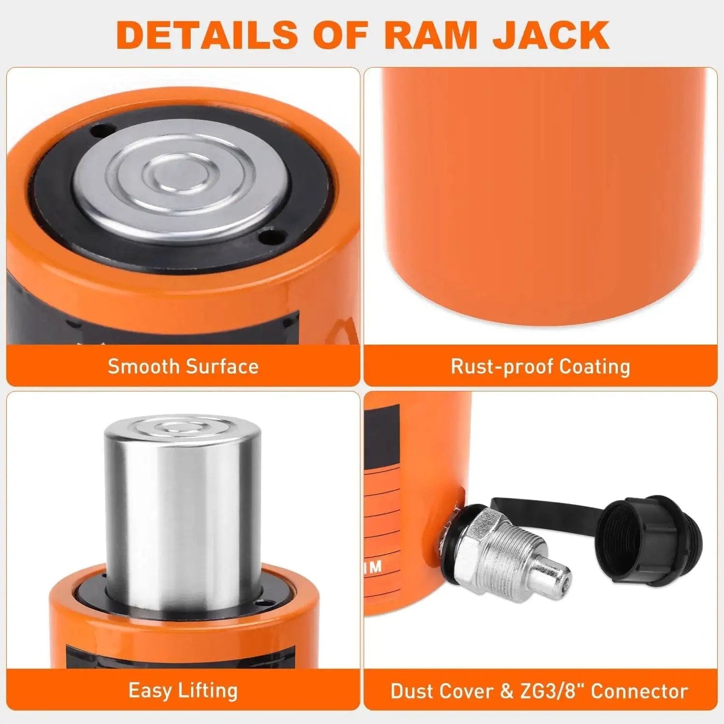 Close-up details of 20 Ton Hydraulic Porta Power Kit with manual pump, showing smooth surface, rust-proof coating, and connector