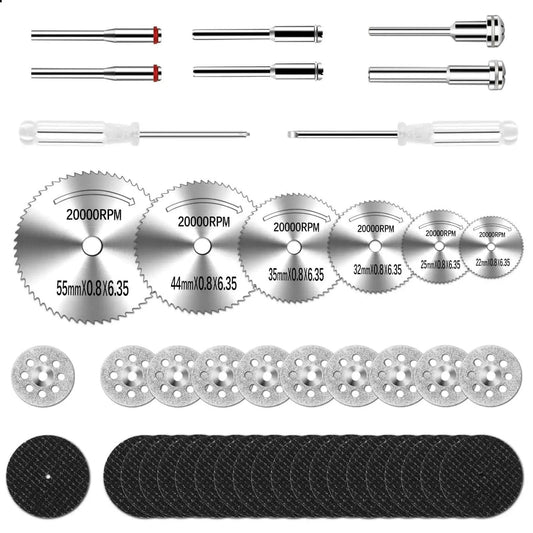 All In One 44 Piece Cutting Wheel Kit For Dremel Rotary Tools From Auxiren with HSS saw blades, diamond and resin discs.