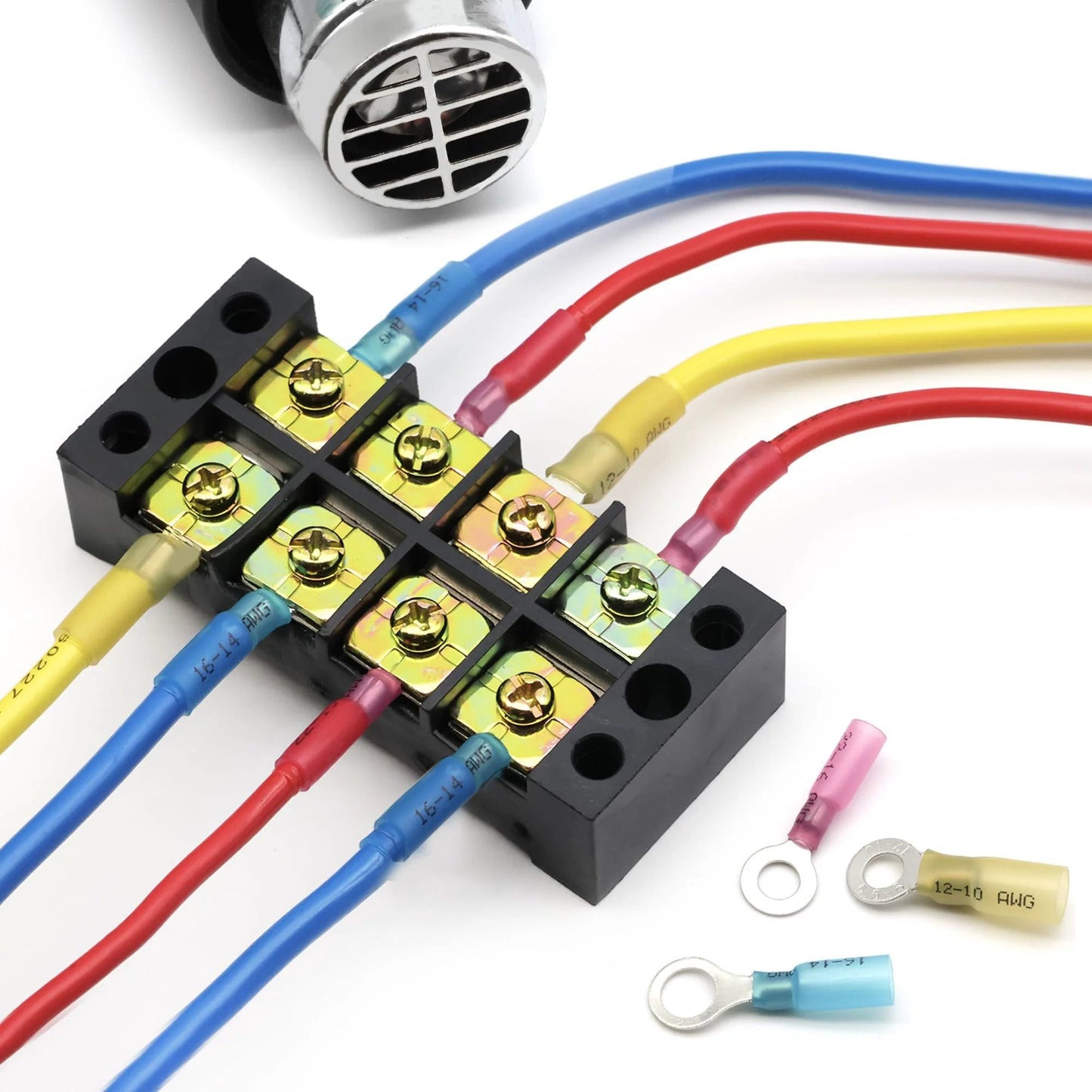 Heat Shrink Wire Connector Kit 600 Pcs For Marine And Automotive Electrical Wiring Includes Waterproof Ring Spade Fork Butt Crimp Terminals Assortment For Quick Rock Solid Connections with connected wires on a black terminal block