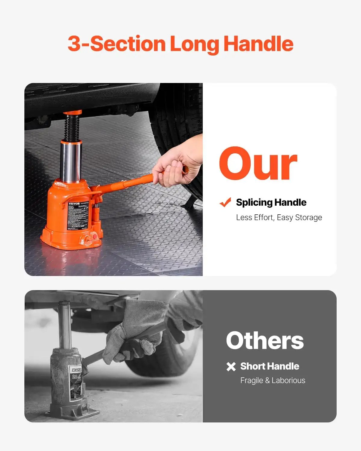 20 Ton Low Profile Hydraulic Bottle Jack With 6.69 To 12.6 Lift And Long Handle compared to short handle jack