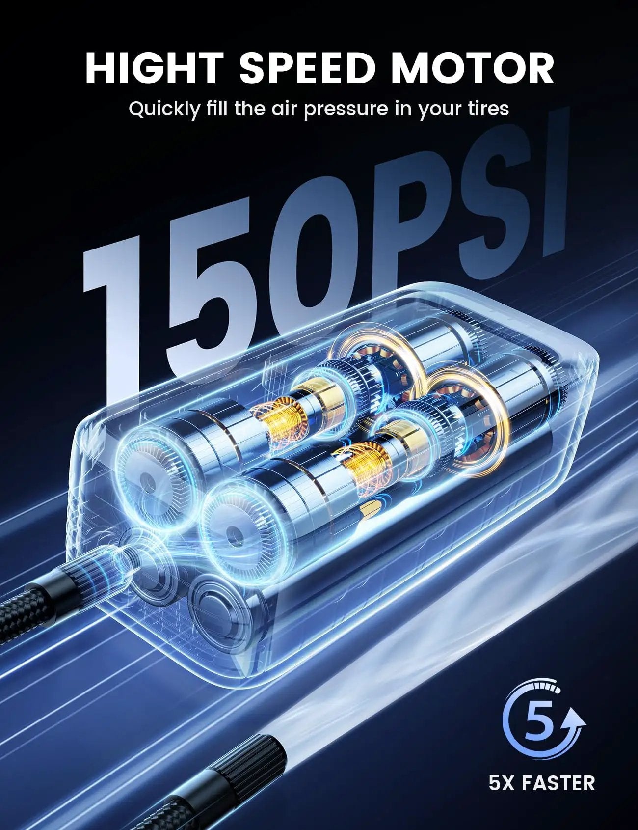 Close-up of the high-speed motor inside the Fast Tire Inflator Portable Air Pump With Digital Gauge And LED Light 150 PSI.