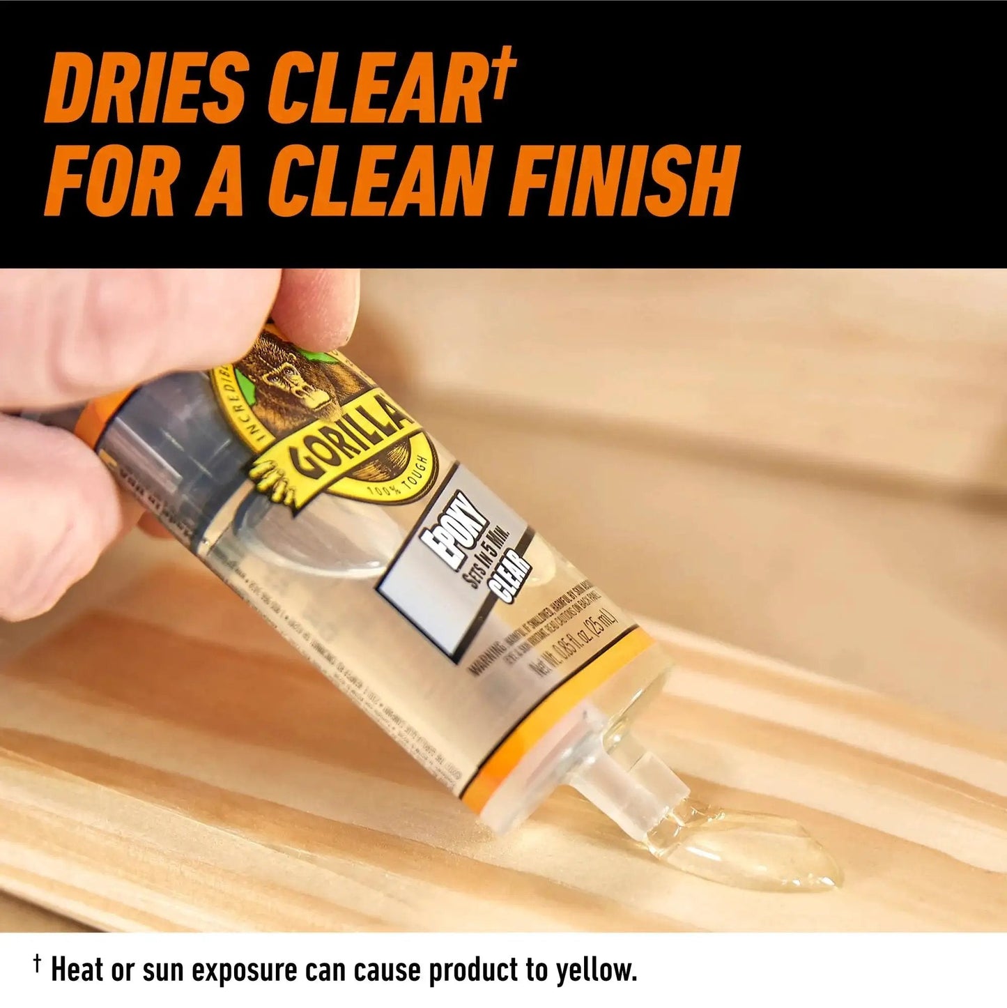 Clear 2 Part Epoxy Syringe, 0.85 Oz, 5 Minute Fast Set, Strong Bond being applied to wood surface for clean finish
