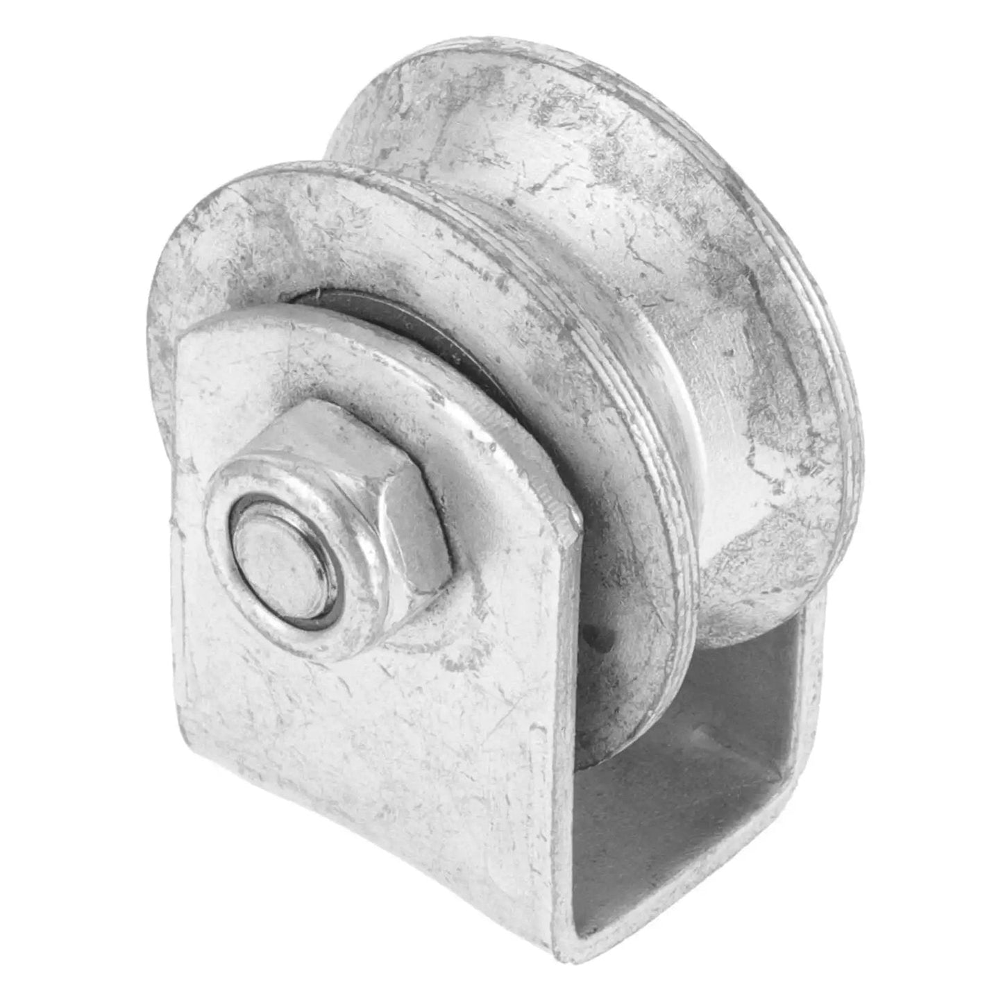 Side view of Cast Iron V-Groove Wheel Heavy Duty Steel Roller For Sliding Gates And Industrial Pulley Systems, 4-Inch Size Bearing.