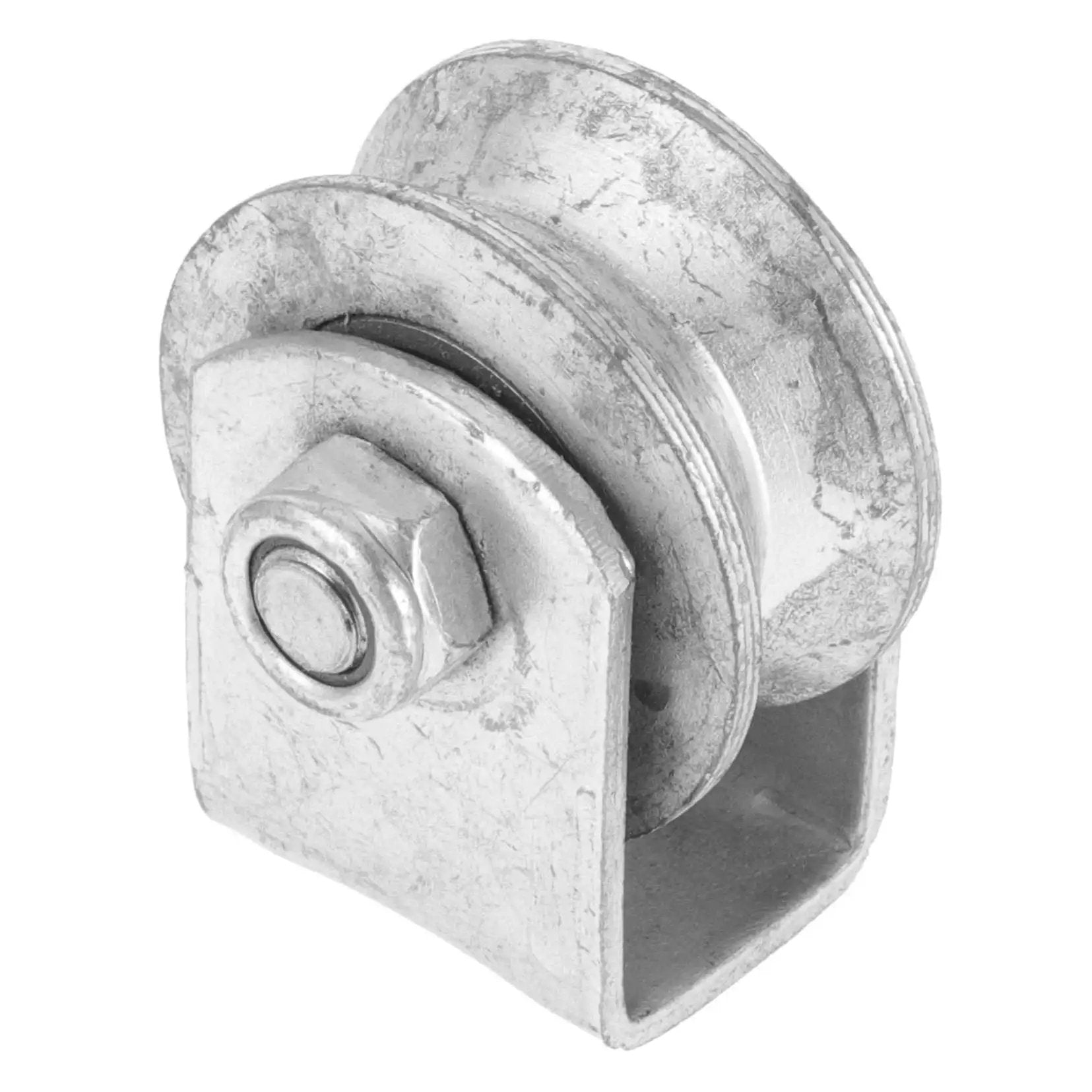 Side view of Cast Iron V-Groove Wheel Heavy Duty Steel Roller For Sliding Gates And Industrial Pulley Systems, 4-Inch Size Bearing.