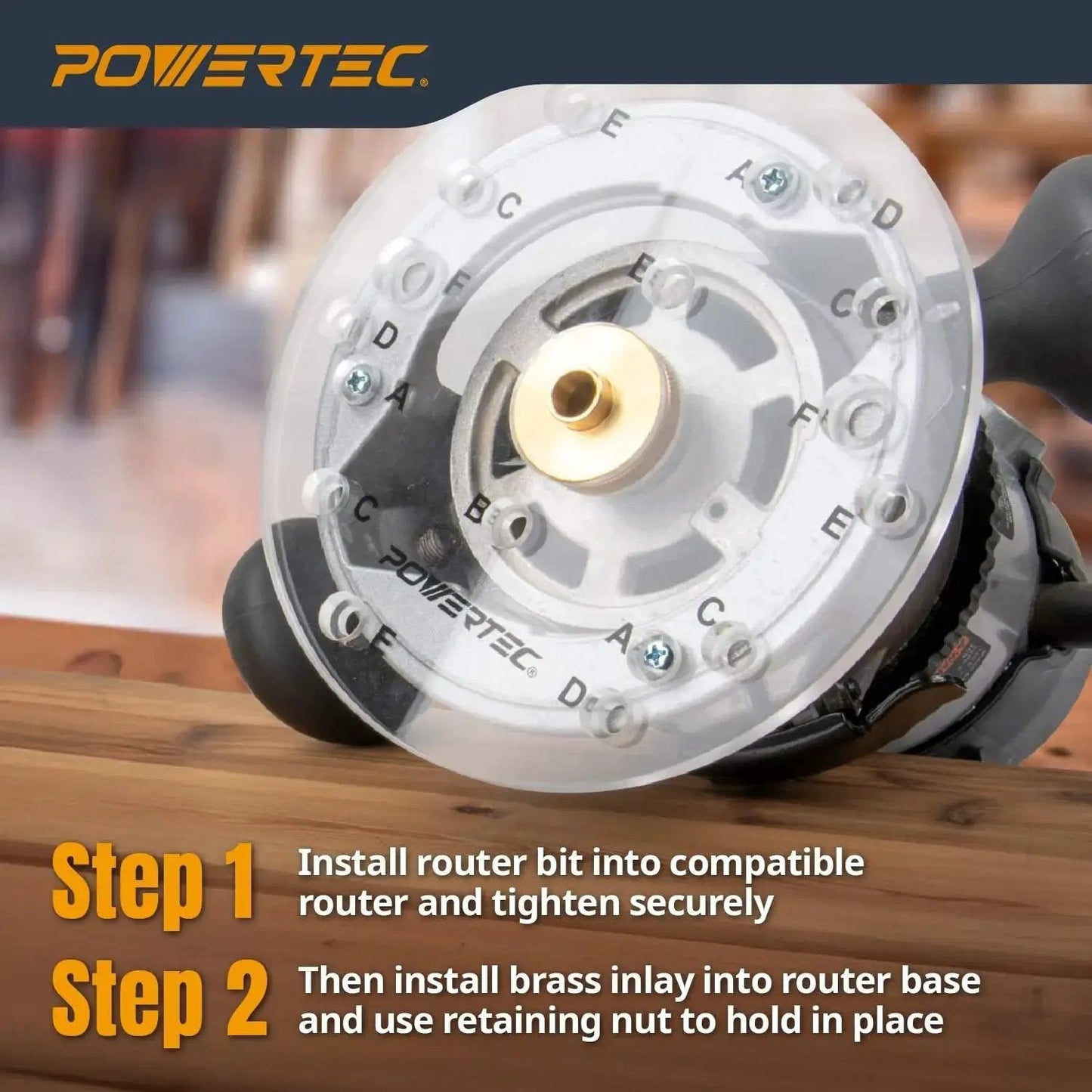 Solid Brass Inlay Kit For Woodworking shown installed on router with brass inlay bushing and retaining nut for precise alignment.