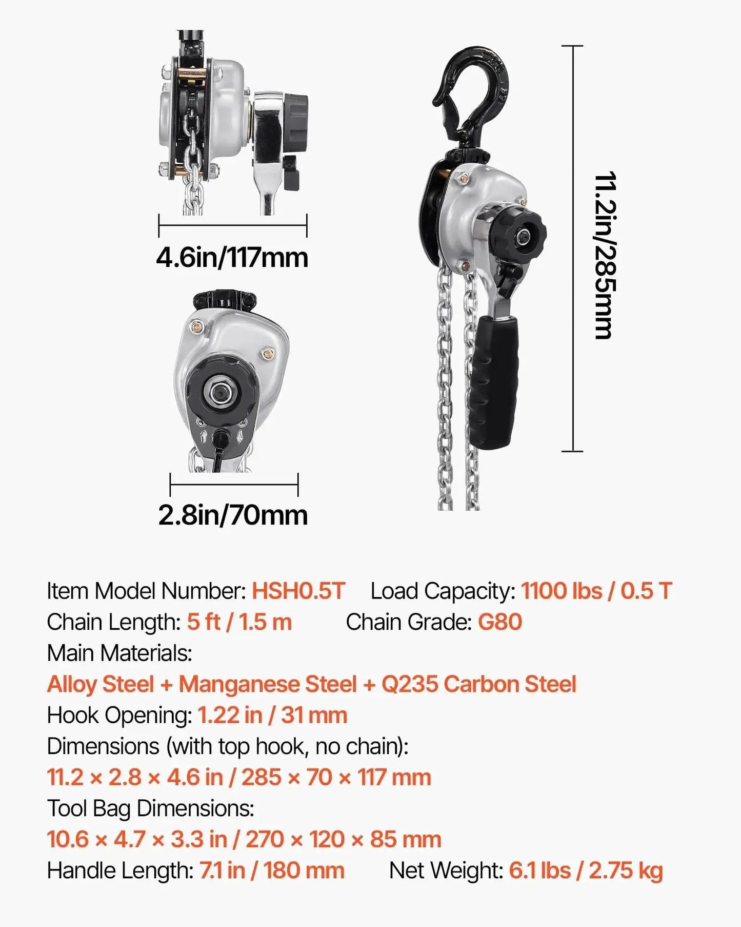 Manual Lever Chain Hoist Half Ton With 5 Ft G80 Chain Dual Pawl Brake in steel, front and side view with dimensions.