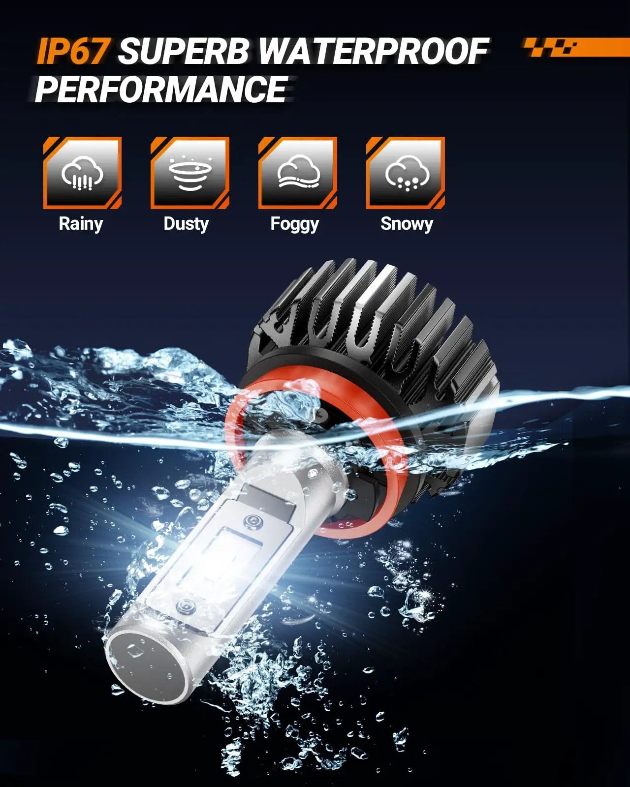 Ultra Bright H11 Fog Light Bulbs Pack Of 2 With Turbo Fan 30000 Lumens 6500K White IP67 Waterproof shown in water.