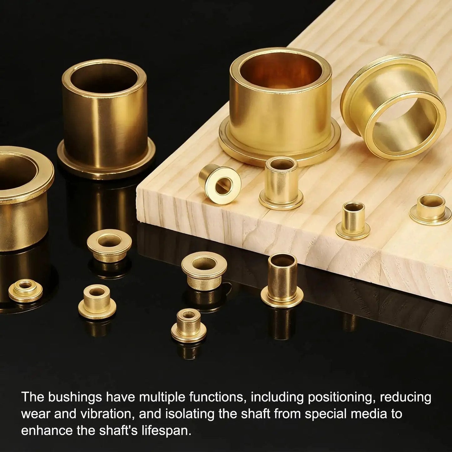 Six Piece Self Lubricating Flange Sleeve Bearings Set For 10mm Bore 12mm OD And 12mm Length With 18mm Flange Diameter And 1.2mm Flange Thickness In Sintered Bronze For High Load And Low Friction Performance uxcell displayed on wooden surface